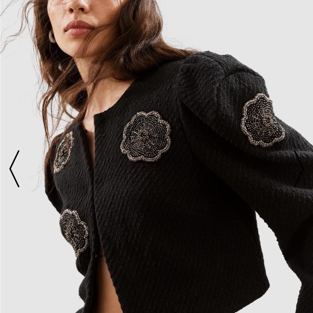 & Other Stories Black Cropped Jacket with Embellished Floral Details